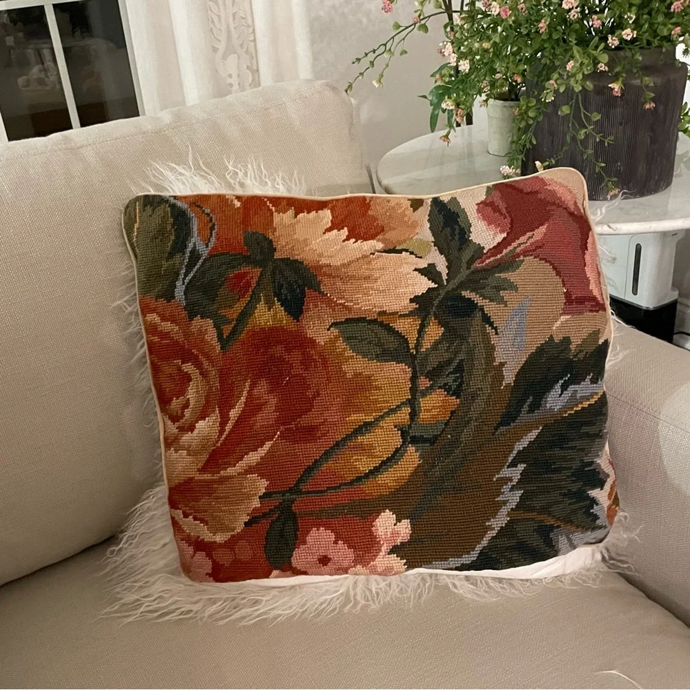 Needlepoint Roses   Throw Pillow  19”x16”